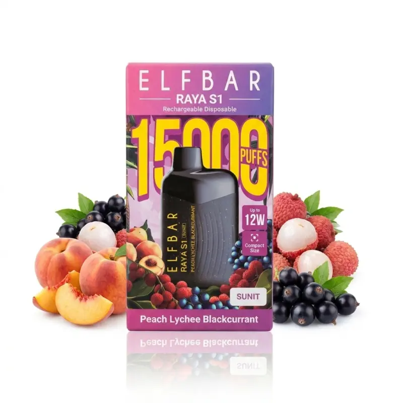 ELFBAR Raya S1 disposable vape box, 1500 puffs, Peach Lychee Blackcurrant flavor, with peach, lychee and berries nearby.