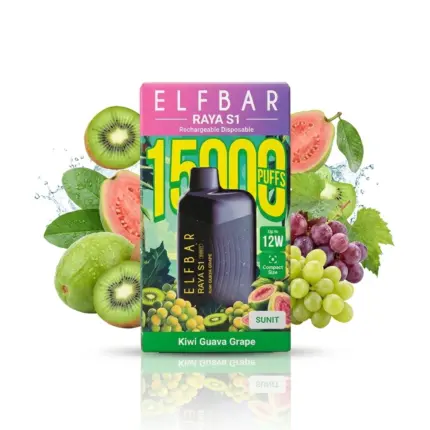 Elf Bar Ray S1 disposable vape box with fruit background; flavor: Kiwi Guava Grape, 1500 puffs (green, purple, and pink packaging).