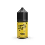 Bottle of Harvest Heaven Gold Pineapple e-liquid, 30ml, 30mg nicotine strength, yellow label with black cap.