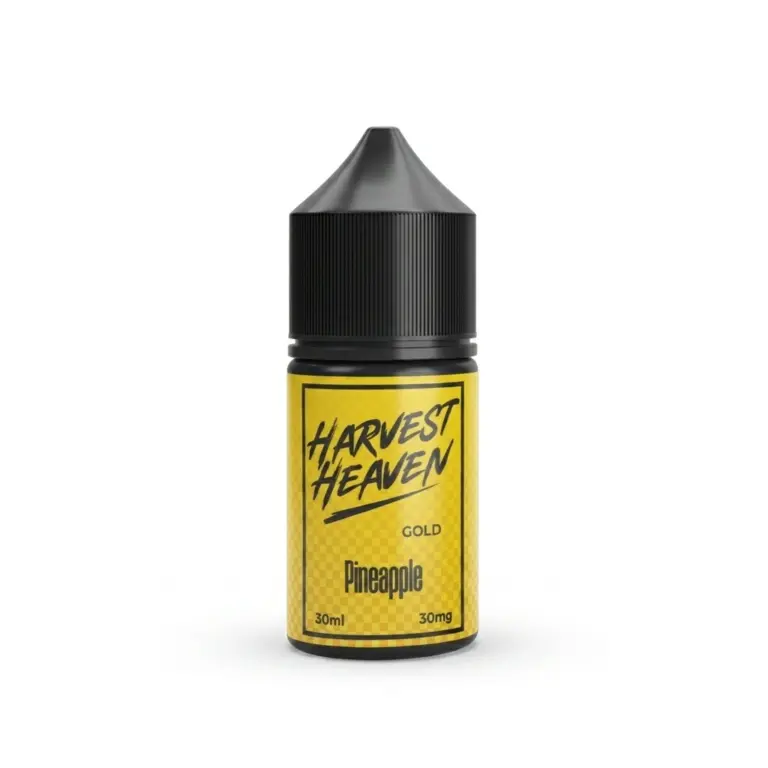 Bottle of Harvest Heaven Gold Pineapple e-liquid, 30ml, 30mg nicotine strength, yellow label with black cap.
