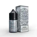 Barrel Reserve Julieta Tobacco vape juice bottle with ornate blue-and-white label next to its matching box.