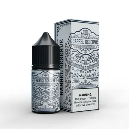 Barrel Reserve Julieta Tobacco vape juice bottle with ornate blue-and-white label next to its matching box.