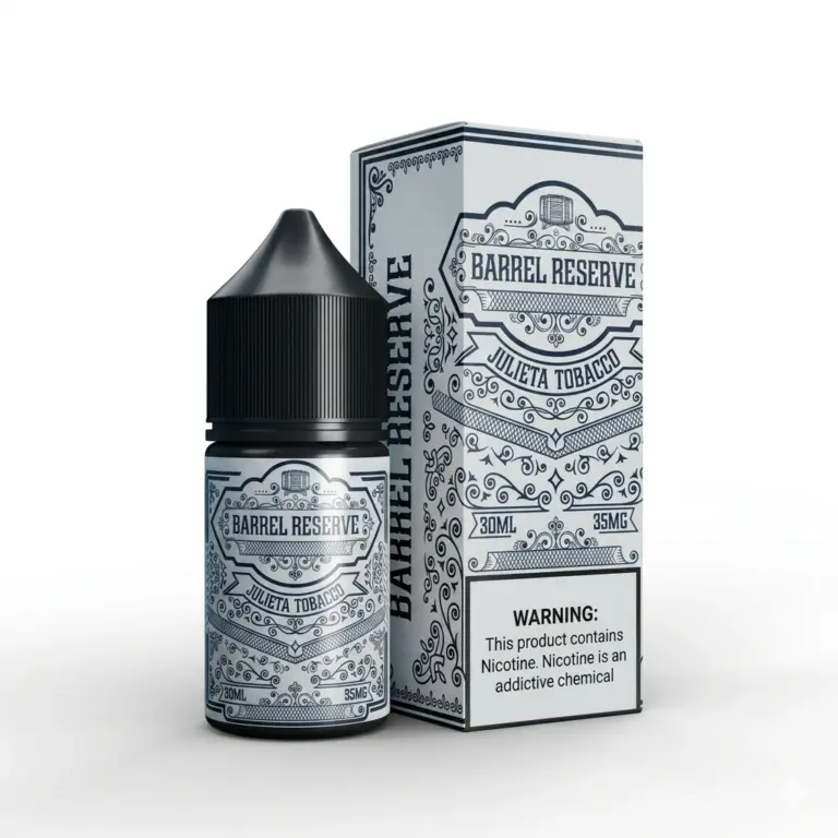Barrel Reserve Julieta Tobacco vape juice bottle with ornate blue-and-white label next to its matching box.