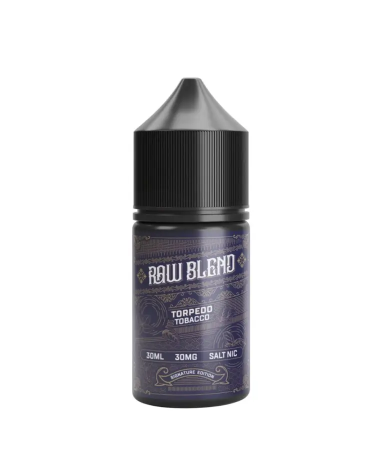 E-liquid vape bottle with ornate navy label reading Raw Blend Torpedo Tobacco (30ml, 30mg Salt Nic).