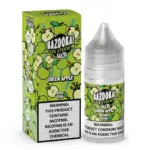 Bazooka Sour Straws Salts Green Apple e-liquid bottle with matching green box and nicotine warning.