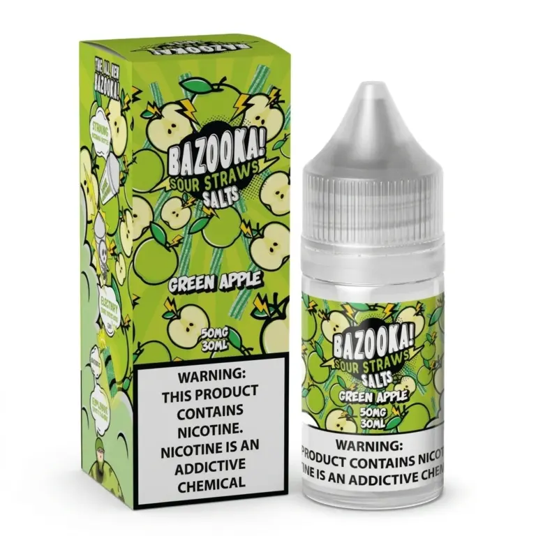 Bazooka Sour Straws Salts Green Apple e-liquid bottle with matching green box and nicotine warning.