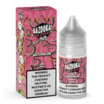 Bright pink Bazooka Sour Straws Salts Watermelon e-liquid box and bottle with cartoon watermelon graphics and a nicotine warning label.