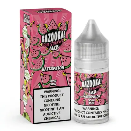 Bright pink Bazooka Sour Straws Salts Watermelon e-liquid box and bottle with cartoon watermelon graphics and a nicotine warning label.