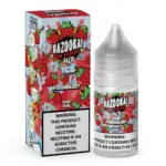 Bottle and box of Bazooka Sour Straws Salt vape juice with strawberry graphics, showing flavor Ice Strawberry and 50 mg/30 ml label, plus nicotine warning.