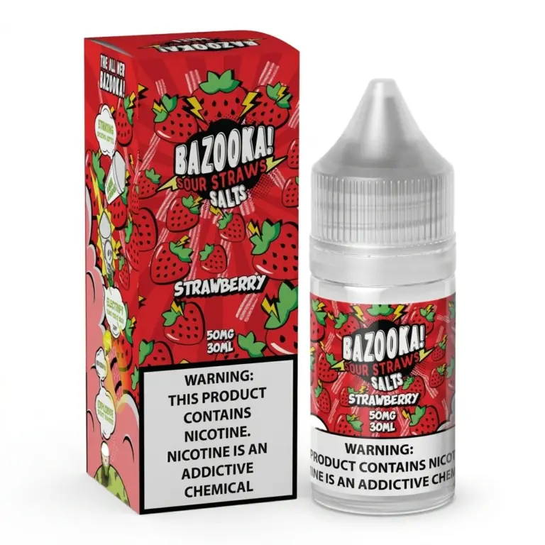 Bazooka Sour Straws salts strawberry nicotine vape juice bottle and matching red packaging with strawberry graphics and a nicotine warning label.