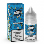 Box and bottle of Bazooka Sour Straws Salt Blue Raspberry nicotine e-liquid; blue cloud design with lightning, labels show 50mg 30ml and warning text.