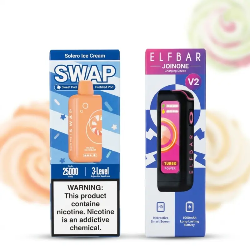 Two vape product boxes stand upright: SWAP orange pod on the left with a nicotine warning, ELFBAR JOINONE V2 on the right with pink/purple packaging.