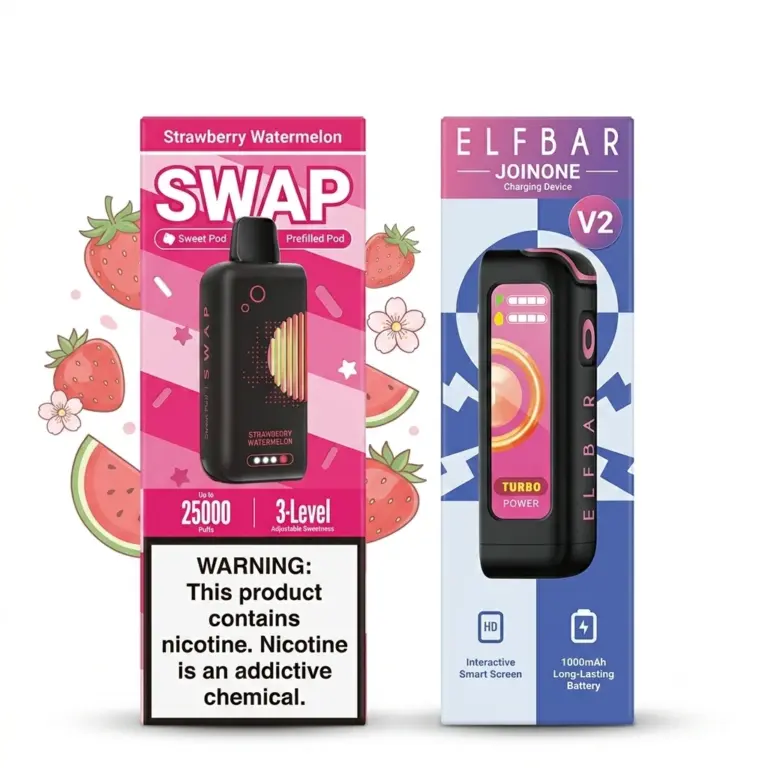 Two vape pod packaging boxes side by side: left is Swap Strawberry Watermelon with a bold warning label and a black device, right is Elf Bar JOINONE V2 in pink/purple packaging.