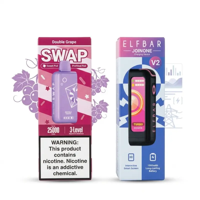 Two vape pod boxes: left box shows SWAP Double Grape with a purple device; right box shows ELFBAR JOINONE V2 charging device with a pink/black pod