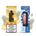 Two vape-device boxes stand side by side against a white backdrop; left box is orange labeled SWAP with Sweet Pineapple and a warning panel; right box is blue labeled ELFBAR JOINONE V2 with a pink-till design and icons at the bottom; pineapple illustrations frame them in the background.