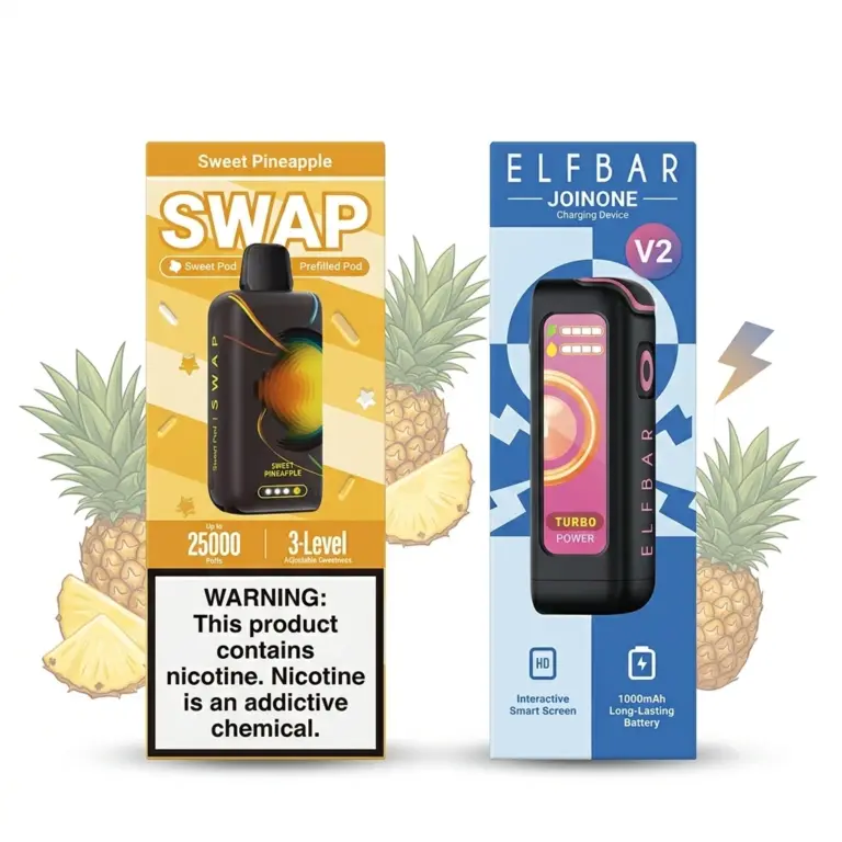 Two vape-device boxes stand side by side against a white backdrop; left box is orange labeled SWAP with Sweet Pineapple and a warning panel; right box is blue labeled ELFBAR JOINONE V2 with a pink-till design and icons at the bottom; pineapple illustrations frame them in the background.
