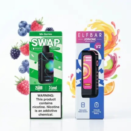 Two vape pod boxes against a fruity berry background: Swap Mix Berries on the left and Elfbar JoinOne V2 on the right.