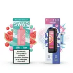 Two vaping product boxes: left is Watermelon Bubblegum Swap pod with a nicotine warning label; right is Elfbar Join One V2 with turbo device in purple/blue packaging.