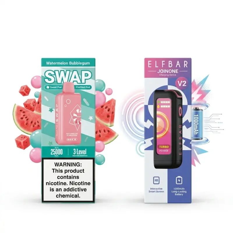 Two vaping product boxes: left is Watermelon Bubblegum Swap pod with a nicotine warning label; right is Elfbar Join One V2 with turbo device in purple/blue packaging.