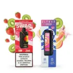 Two vape device boxes, one red 'SWAP' strawberry-kiwi and one blue 'ELFBAR' jumbo, with kiwi and strawberry graphics behind them (product packaging).
