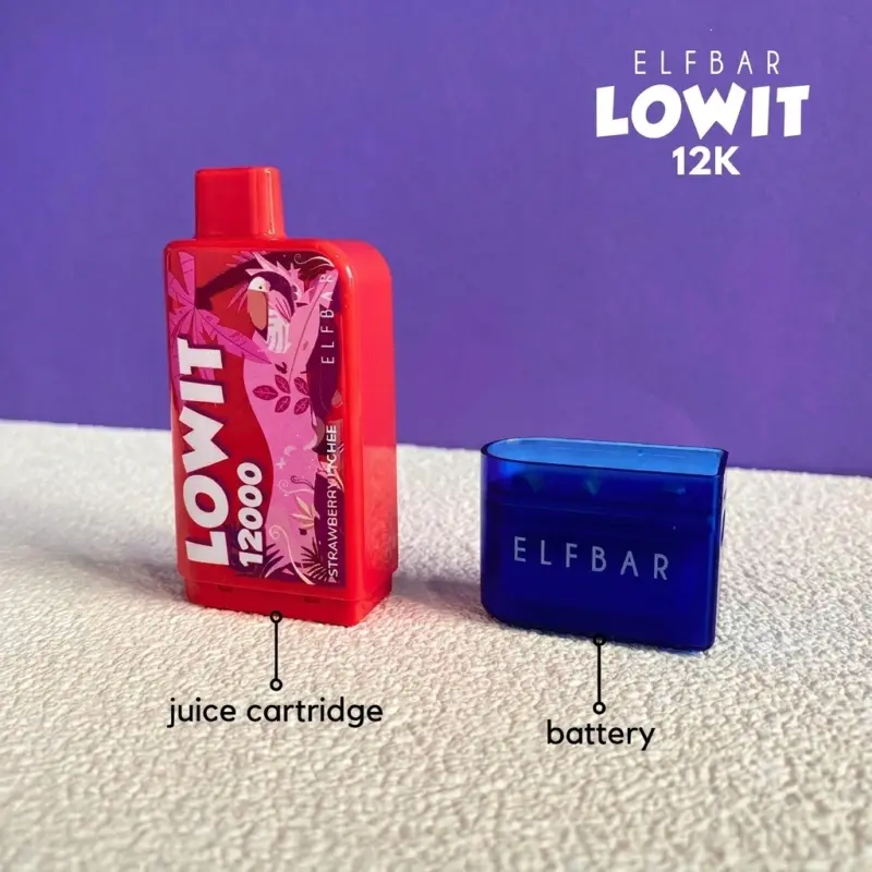 Red ELFBAR juice cartridge beside a blue ELFBAR battery on a textured beige surface with a purple background.
