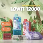 Assorted ELFBAR vape bottles in bright colors displayed against a tropical jungle backdrop with an 18+ badge.