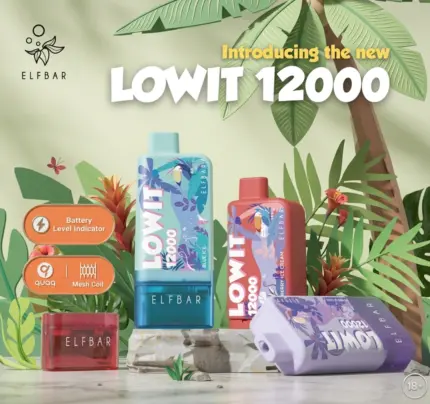 Assorted ELFBAR vape bottles in bright colors displayed against a tropical jungle backdrop with an 18+ badge.